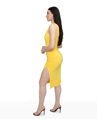 One Shoulder Ring Dress with Slit (Yellow)