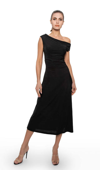 Off the Shoulder Black Midi Dress