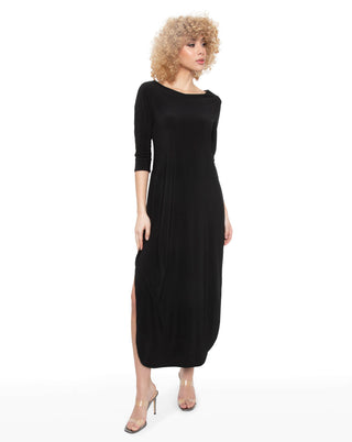 Long Sleeve Maxi Dress with Slit (Black)