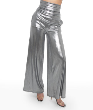 Ruched High Waisted Wide Leg Pants (Dark Silver)